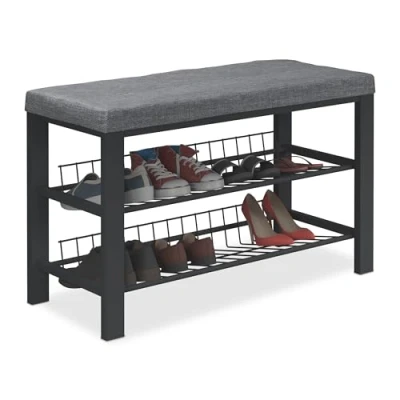 Image of Relaxdays Shoe Bench, 2 Levels, Shoeshelf with Upholstered Seat, 50.5 x 82 33 cm, Hallway or Bedroom, Black/Anthracite
