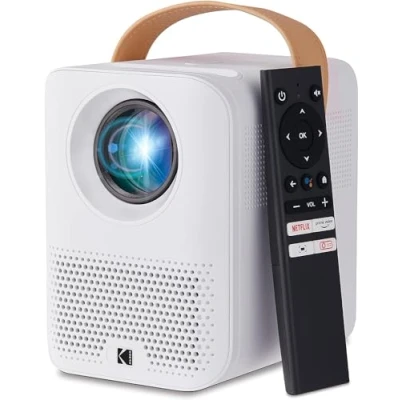Image of KODAK FLIK HD9 Smart Projector Mini White Portable Indoor &amp; Outdoor Movie with Android TV Streaming Apps, Wi Fi and Bluetooth, Built in Speakers Voice Remote FHD 1080p for Screens Up to 120