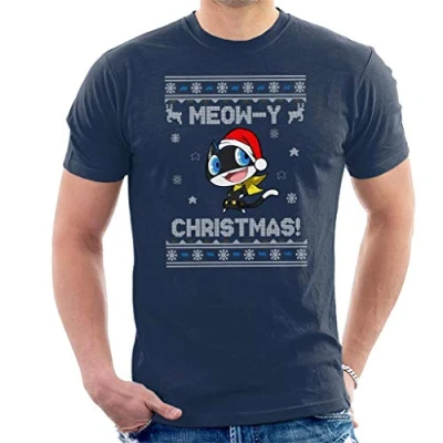Image of Morgana Meowy Christmas Persona 5 Men&#039;s T Shirt Navy Blue