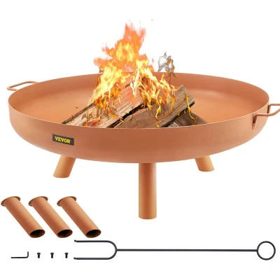 Image of VEVOR Fire Pit Bowl, 30 Inch Deep Round Carbon Steel Wood Burning for Outdoor Patios, Backyards &amp; Camping Uses, with A Drain Hole, Portable Handles and Firewood Stick, Brown