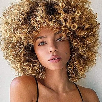 Image of Colorfulpanda Curly Wig with Fringe Ombre Mixed Blonde Brown Short Hair Afro Kinky Culry Natural Synthetic Wigs for Black Women Cosplay Party Daily Wear