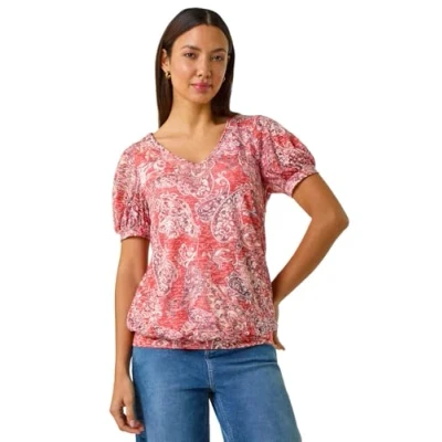 Image of Roman Originals Blouson Top for Women Ladies Stretchy Jersey Puff Sleeve Summer Smart Casual Office Work Spring Everyday Evening Vacation Holiday V Neck Paisley Red Size 20