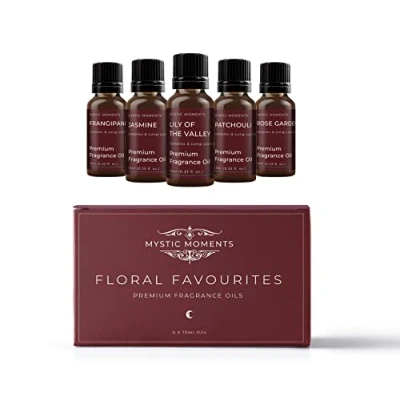 Image of Mystic Moments Floral Favourite Fragrance Oil Gift Starter Pack 5x10ml Frangipani, Jasmine, Lily of The Valley, Patchouli, Rose Garden Perfect as a