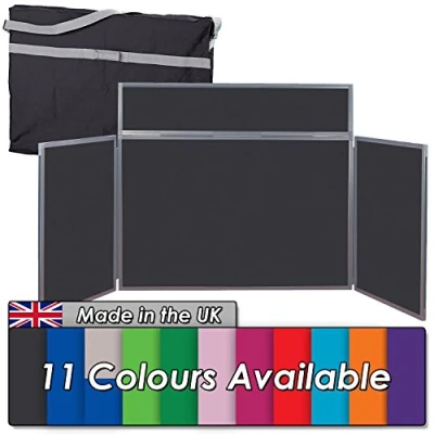 Image of Wonderwall Tabletop Folding Exhibition 3 Panel Display Kit with Clip on Header &amp; Bag 11 Colours for Schools, Exhibitions, Offices, Venues (Black Grey Frame)