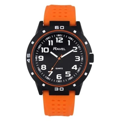 Image of Ravel Men&#039;s Black Cased Sports Watch with Colour Co ordinated Bezel on Silicon Strap Analogue Quartz RS004.08 Orange