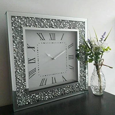 Image of Biznest New 30X30Cm Crushed Jewel Crystal Wall Clock Roman Number Glass Diamante Mirror Round Square (30x30cm)