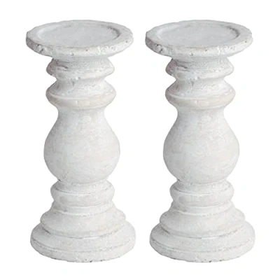 Image of 2 Pack White Wash Stone Textured Vintage Column Candle Holder 20cm Height New Home Gift Birthday Present