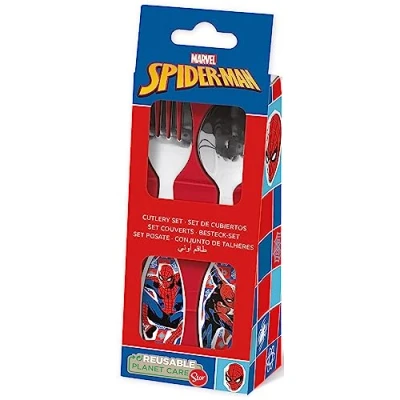 Image of Marvel Blue and Red Kids Cutlery Set in Stainless Steel Spiderman with Rounded Tips