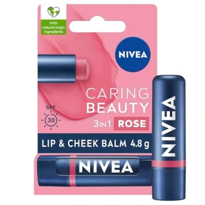 Image of NIVEA Caring Beauty Rose Nude Lip Balm SPF30 (4.8g), 3 in 1 Buttery and Cheek Tint, Rich Colour 24H Moisturisation with SPF 30 Protection