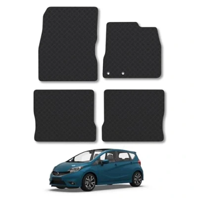 Image of Rubber Car Mats Compatible with Nissan Note (2013 2017) Tailored Fit Floor Set Accessory Black Custom 4 Pieces Clips Anti Slip Backing, Heavy Duty &amp; Waterproof