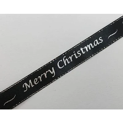 Image of Merry Christmas Black Satin Ribbon with Silver Edge 15mm x 1 Metre Cut from roll
