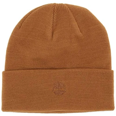 Image of Timberland Men&#039;s Cuffed Beanie with Embroidered Cold Weather Hat, Wheat/Flat Logo, One Size