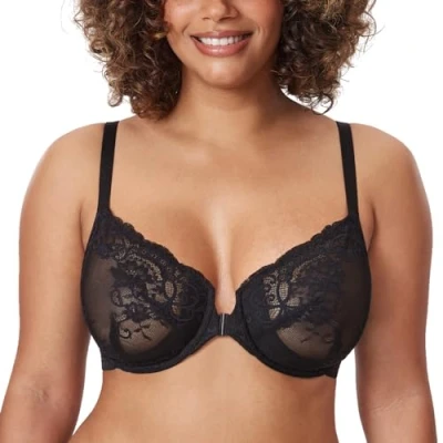 Image of Delimira Women&#039;s Front Fastening Bras Lace Unlined Full Coverage Plus Size Sheer Plunge Underwire Bra Black 44DD