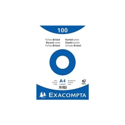 Image of Exacompta Ref 10506E Bristol Plain Record Cards (Pack of 100) A4 in Size, 205gsm Card, Compatible with Printers Suitable for Exam Revision &amp; Notes White