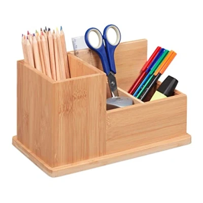 Image of Relaxdays Bamboo Organiser Box 3 Compartments, Narrow, Storage for Kitchen, Bathroom, Office, HWD: 14x24.5x14 cm, Brown