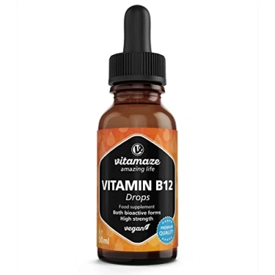 Image of Vitamin B12 Drops 500 mcg, Vegan High Dose Drops, Methylcobalamin &amp; Adenosylcobalamin Liquid, 50 ml (1700 Drops), Food Supplement Without Additives, Bioavailability
