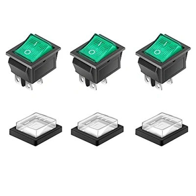 Image of 3 Pcs Square Rocker Switch ON Off Boat 4 Pin Green Light with Waterproof Cover DPS AC 250V 16A 125V 20A for Electrical Machine Products
