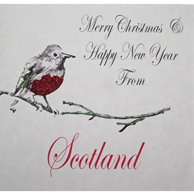 Image of white cotton cards Merry Happy New Year, Handmade Christmas Card (Town Scotland, Robin)
