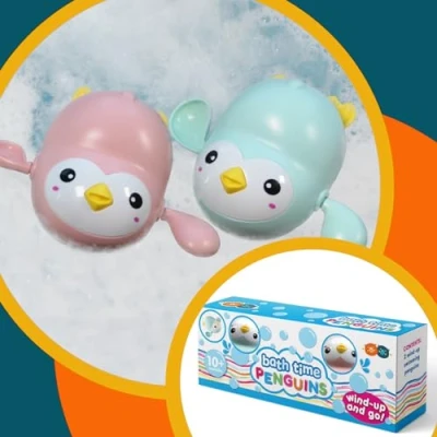 Image of Buddy &amp; Barney Bath Time Toy Penguins Set of 2 Wind Up and Go Swimming Toys, Baby or Toddler Gifts