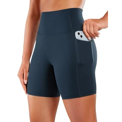 Image of CRZ Yoga Women&#039;s Naked Feeling 6&#039;&#039; Cycling Shorts with Pockets High Waisted Gym Tummy Control True Navy 14