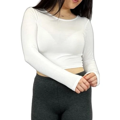 Image of Womens Crop Long Sleeve T Shirt Ladies Short Plain Basic Round Neck Shirts Top 8 14 Cream