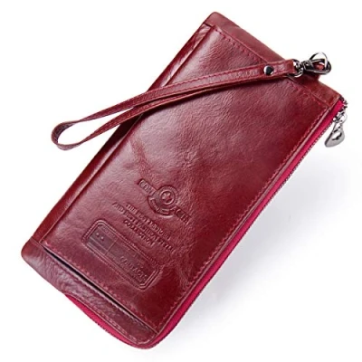 Image of Contacts RFID Leather Long Wallet for Women with Card Coin Slots Phone Clutch Purse Lady Zipper Wrist Strap (Red)