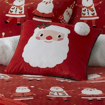 Image of Bedlam Santa Claus Cushion (43 x 43cm) Filling Included Pom Reversible (2 Colours) Red Christmas with Cover Included/Cushion Insert Decorations Xmas