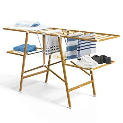 Image of VOUNOT Clothes Airers Indoor, 24m Folding Laundry Drying Rack, Metal, Imitation Wood Design