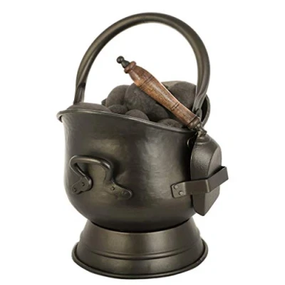 Image of Kindling Coal Log Scuttle Bronze Finish Footed Vintage Style Fireside Bucket with Shovel