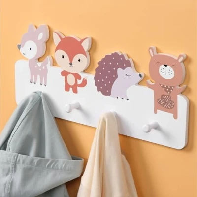 Image of Navaris Wall Mounted Coat Rack Robust Wooden Bag with 4 Hooks Decorative Wood Racks Ideal for Kids Bedroom Easy to Install Clothes Hangers Walls Animals Design