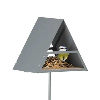 Image of Relaxdays Bird Feeder with Ground Spike, Metal, HxWxD: 121 x 25.5 19.5 cm, Rat Proof, Feeding House, Grey/Natural, Wood