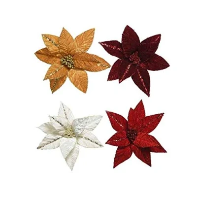 Image of KAE Decorative Christmas Poinsettia Flower Glitter Tree Decoration/Ornament Clip On (4 x COLOUR Mix 32cm)