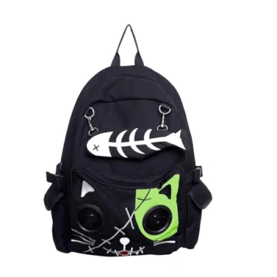 Image of Banned Apparel Kitty Speaker Backpack Fish Bone Purse 3.5mm Aux, Green