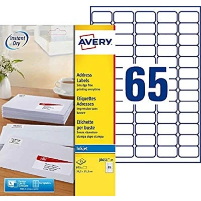 Image of Avery Pack of 975 Mini White Address Labels 38.1 x 21.2 mm Inkjet (J8651 15)