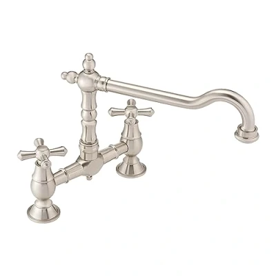 Image of ENKI, Langley, KT115, Brushed Nickel, Traditional Bridge Kitchen Sink Mixer Tap for Basin, Brass Construction, with Twin Levers &amp; Swivel Spout Perfect Double Bowl Sinks, Drip Free Ceramic Valve