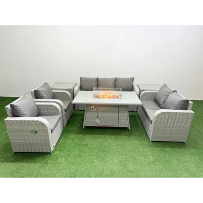 Image of Pe Rattan Garden Furniture Set Reclining Chair Sofa Double Love Seat 2 Seater Lounge Firepit Dining Table Side Light Grey Fimous