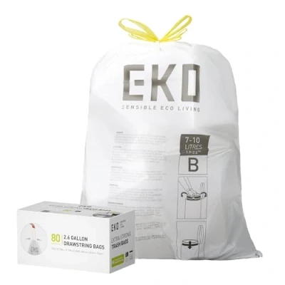 Image of EKO Easy Dispense Roll 80 Count Extra Strong Drawstring Small Trash Bag, 2.6 Gallon Bag (7 10L) 1 Pack White, Code B