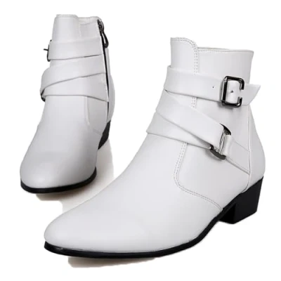 Image of Men&#039;s Pointed Toe Chelsea Leather Boots Buckle Straps Western Formal Dress Low Chunky Heel Zipper Ankle Boots,White,11 UK