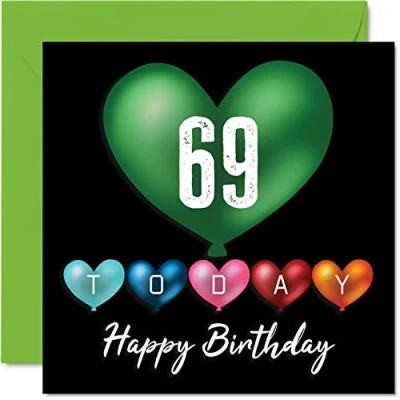 Image of Fun 69th Birthday Cards for Men Woman Heart Balloons Happy Card Dad Mum Grandad Nanny Grandma Gran Uncle Auntie Cousin, 145mm x Greeting