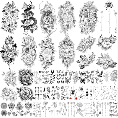 Image of Yazhiji 49 sheets large sexy flowers collection waterproof temporary tattoo lasting fake tattoos for women and girls.