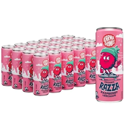 Image of Karma Drinks Razza Raspberry Pink Lemonade (24 x 250ml Cans), Natural Ingredients, FairTrade, Gluten Free, Vegan Friendly, Delicious Soft Drink, Carbonated Fizzy Organic, No GMO