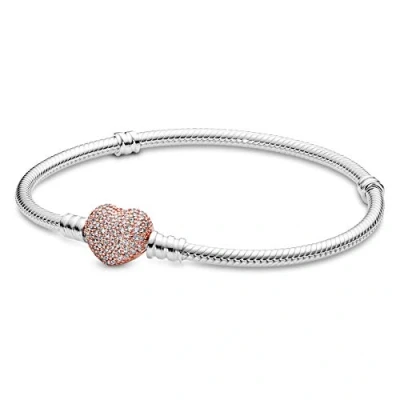 Image of Pandora Icons Snake chain silver bracelet with 14k rose gold plated heart clasp and clear cubic zirconia, 21