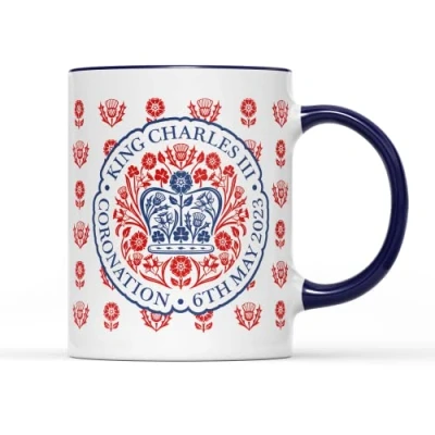 Image of SMARTYPANTS Official Floral King Charles III Mug Tea Coffee Cup Royal Coronation of His Majesty The Crown Monarch Ceremony Celebration Memorabilia Kitchen Decor (Cobalt Handle)