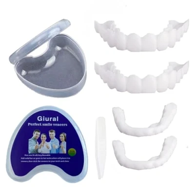 Image of 2 Pairs Instant Veneers Fake Teeth, Top and Bottom Dentures Snap on Silicone Tooth Dental Prostheses Smile Teeth Temporary Alternative for Men Women