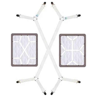 Image of FIBOOMERANG Bed Sheet Clips, Criss Cross Straps Fasteners Fitted Sheets Flat Bedsheet in Place Mattress Corner Suspenders Grippers Holders (2Pcs/Set, White)