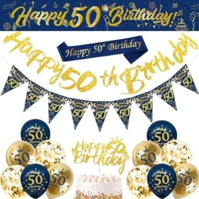 Image of 50th Birthday Decorations Men,Blue Gold Happy Banner,50th Balloons,Bunting Flags,Sash,Cake Toppers for Men Women Blue Party Supplies
