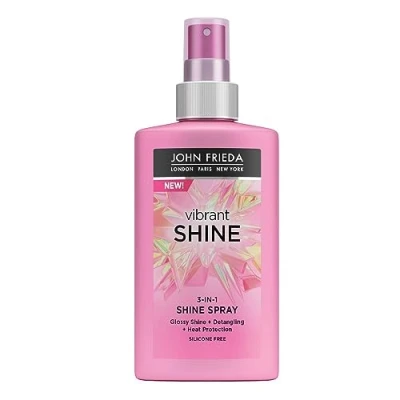 Image of John Frieda Vibrant Shine 3 in 1 Spray 150 ml, Weightless Glossing with Heat Protection, Silicone Free Detangling for Mirror Like