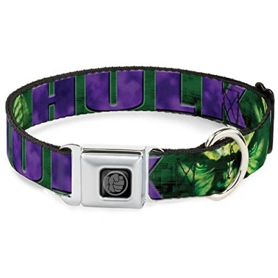 Image of Dog Collar Seatbelt Buckle Hulk Face Close Up Action Pose Greens Purples 15 to 26 Inches 1.0 Inch Wide
