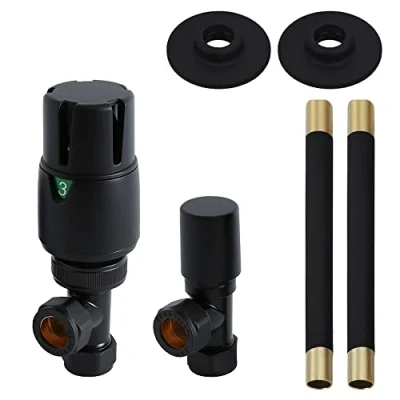 Image of Milano Pair of Black Angled Thermostatic Heated Towel Rail Radiator Valves Pipe Connector Kit