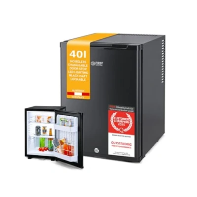 Image of TZS First Austria silent mini fridge lockable drinks interchangeable door hinge LED lighting without freezer compartment 40 litres